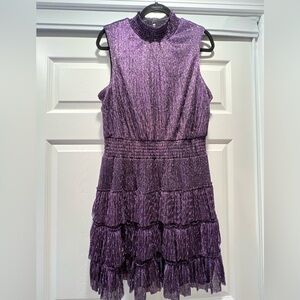 Junior’s funky, purple shimmery, mini tank dress, ruffle skirt, lined, size L